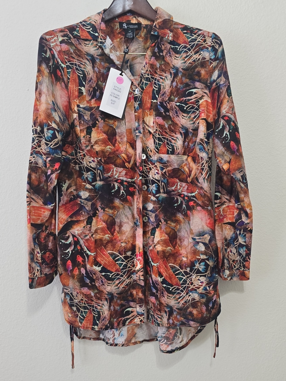 Abstract Floral Print Button-Front Blouse in Multi-Color